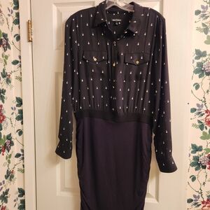 Juicy Couture Black Long Sleeve Shirtwaist Dress with White Ornament Motif